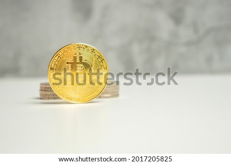 Physical bitcoin coin on a gray background next to several coins. Concept of investments in new virtual currencies. Copy Space. High quality photo