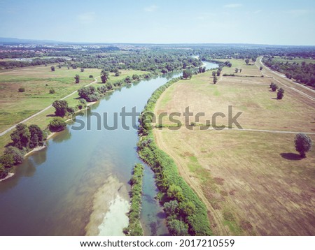 Aerial perspective of Sava river green tributary, full of fish and birds that nest here, near the Zagreb city, Croatia Royalty-Free Stock Photo #2017210559