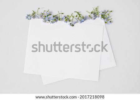 Mockup poster or flyer for presentation white sheets of paper with forget-me-not flowers on a gray background in a minimalistic style. Congratulations blank. Top view, flat lay with copy space