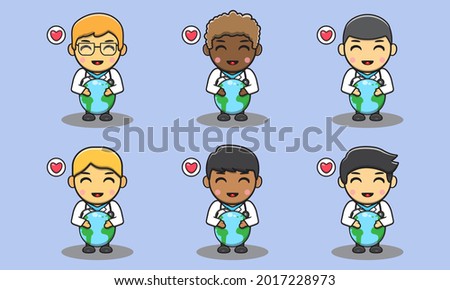 Cute little male doctor love earth. Adorable kids doctor set. Smiling little Boy dressed as doctors vector illustrations.