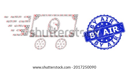 By Air dirty round stamp seal and vector recursion collage dollar delivery wagon. Blue stamp seal has By Air title inside round shape.