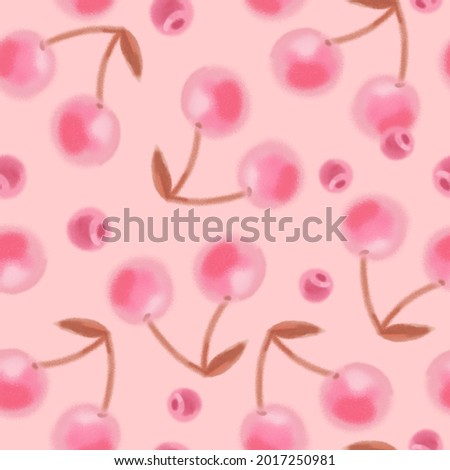 Hand drawn pastel cherry pattern for textile design, prints,
cards and other designs. Red berries background. Digital berry pattern.