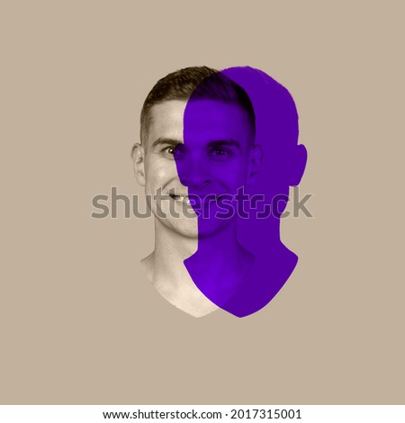 Close-up young man's face, head with colored silhouette, shadow isolated on light background. Facial expression, human emotion concept. Copyspace for ad. Gray and purple. Looks happy