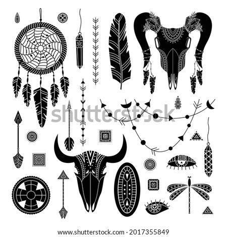 Vector set of boho illustrations. Simple style. Dreamcathers, animal skull, feathers and arrows