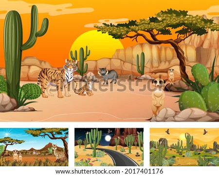 Different desert forest scenes with animals and plants illustration
