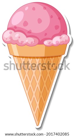 Strawberry ice-creame in the waffle cone sticker illustration