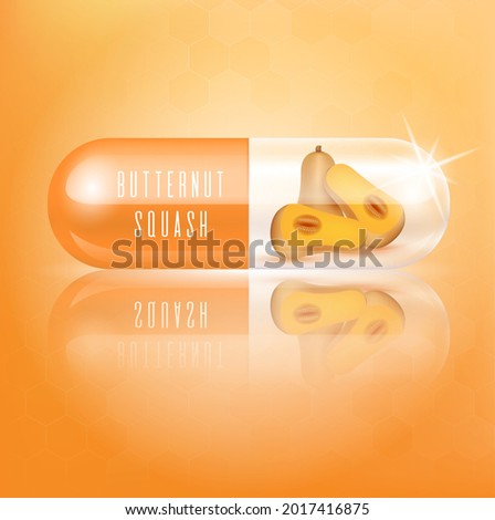Butternut Squash in capsule vitamin orange. Medical concepts and health supplements. Realistic 3D Vector illustration.