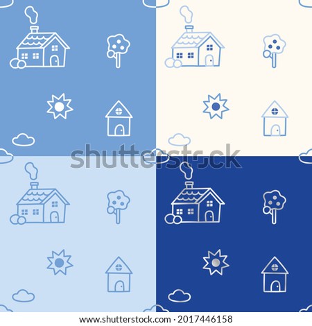 4 Styles Outline Flat Cute Minimal House Vector Pattern Design Blue Navy White Background Editable Stroke. Cartoon Illustration Cloth, Picnic Mat, Fabric pattern, Textile, Tile, Scarf, Wrapping Paper.