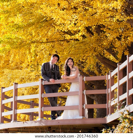Couple on yellow leaves field
