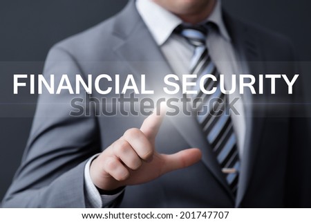 business, technology, internet and networking concept - businessman pressing financial security button on virtual screens