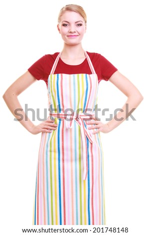 Young housewife wearing kitchen apron or small business owner entrepreneur barista shop assistant. studio picture isolated on white