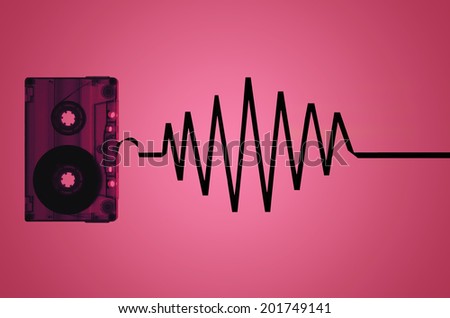 A cassette tape on a pink back-lit background with tape coming out of the cassette to form a sound wave.