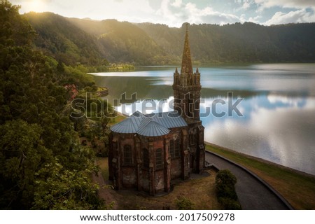 Capela de Nossa Senhora das Vitorias Church next to Volcano Crater on Sao Miguel, Azores, Portugal Royalty-Free Stock Photo #2017509278
