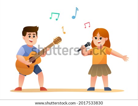 Cute boy playing guitar and girl singing cartoon