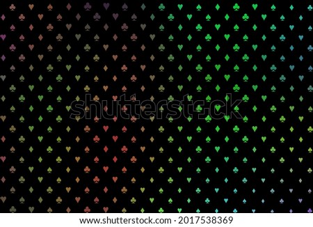 Dark multicolor, rainbow vector cover with symbols of gamble. Shining illustration with hearts, spades, clubs, diamonds. Pattern for ads of parties, events in Vegas.
