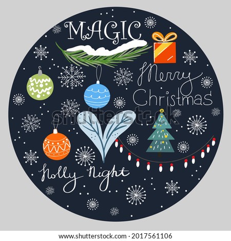 Round print Christmas, magic, holly night, snowfall, snowflakes, Christmas tree, Christmas decorations, mood, garland