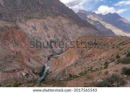 Landscape view of colorful Iskander Darya river valley near Iskanderkul lake, Fann mountains, Sughd, Tajikistan