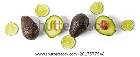 Avocado and lime isolated on white background. Top view, banner