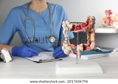 Gastroenterologist with human colon model at table in clinic, closeup Royalty-Free Stock Photo #2017606796