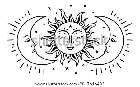 Sun and two moon with faces. Celestial design. Vector silhouette illustration. Symbols of magic and alchemy. Boho mystical sign. Witchy print. Royalty-Free Stock Photo #2017616483