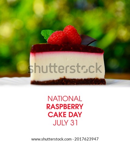 National Raspberry Cake Day stock images. Slice of delicious creamy raspberry cake with jelly topping, raspberries and mint leaf stock photo. Raspberry Cake Day Poster, July 31. Important day