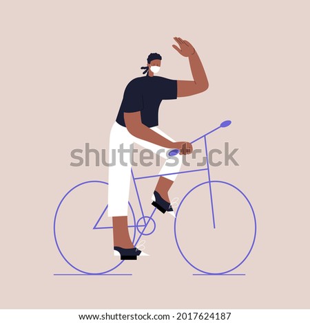 A Black man in a white cap and mask rides a bicycle and waves his hand. Eco-friendly urban transport. Post-quarantine lifestyle. Vector illustration in flat style on isolated background. Eps 10.