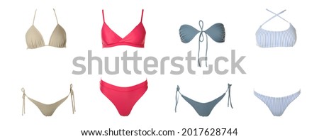 Collection of different stylish bikini on white background. Banner design