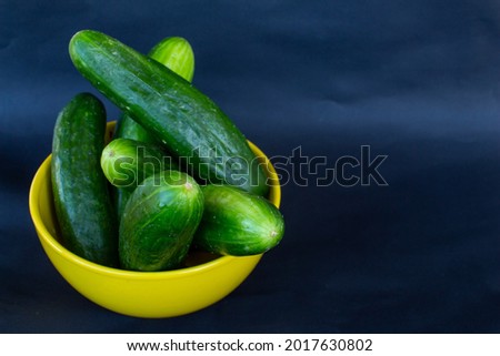 Close up of cucumbers in bowl. Organic cucumbers isolated on black background with space for text.