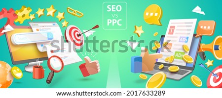 3D Vector Conceptual Illustration of SEO Vs PPC, Comparison Pay Per Click and Search Engine Optimization Marketing Royalty-Free Stock Photo #2017633289