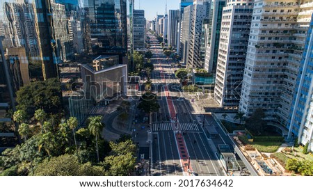 Aerial view of Av. Paulista in São Paulo, SP. Main avenue of the capital. Sunday day, without cars, with people walking on the street. Royalty-Free Stock Photo #2017634642