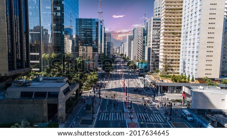 Aerial view of Av. Paulista in São Paulo, SP. Main avenue of the capital. Sunday day, without cars, with people walking on the street. Royalty-Free Stock Photo #2017634645