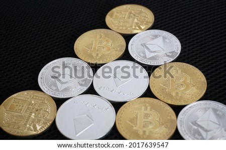 Bitcoin BTC Cryptocurrency Coins or digital money with black background