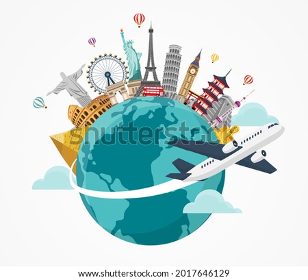 airplane and time to travel banner.  travel around the world. landmarks on the globe. Tourism trip concept. Journey in Vacation. Vector illustration modern flat design.  Royalty-Free Stock Photo #2017646129