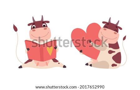 Cute Cow Characters Set, Adorable Farm Animal Reading Book and Holding Red Heart Cartoon Vector Illustration