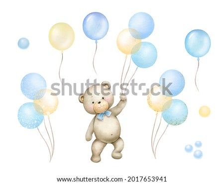 Cute little bears boys with blue and gold air balloons.Watercolor illustration for baby boy shower isolated on white background.