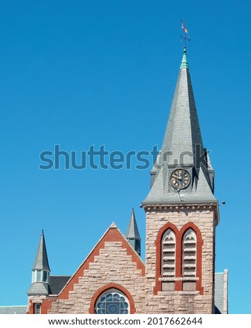 Tower of historic United church of Norwood MA USA