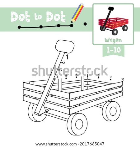 Dot to dot educational game and Coloring book of Wagon cartoon transportations for kids activity about counting number 1-10 and handwriting practice worksheet. Vector Illustration.