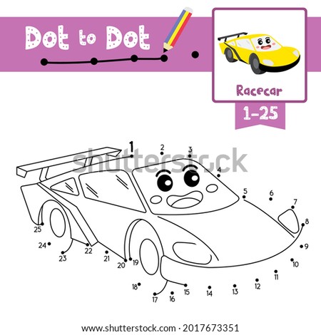 Dot to dot educational game and Coloring book of Racecar cartoon transportations for kids activity about counting number 1-25 and handwriting practice worksheet. Vector Illustration.
