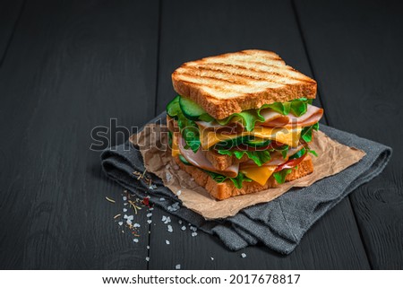 Sandwich with grilled toast, ham, cheese, fresh vegetables and salad on a dark background. Side view, space for copying.