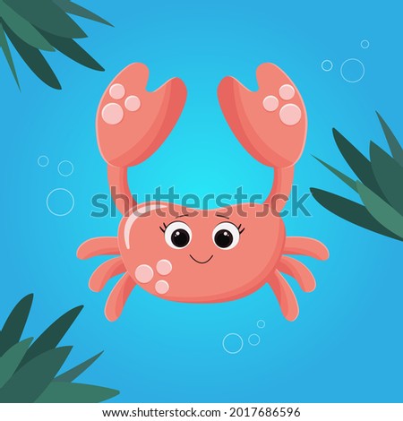 Cute pink crab on a blue background with bubbles and algae