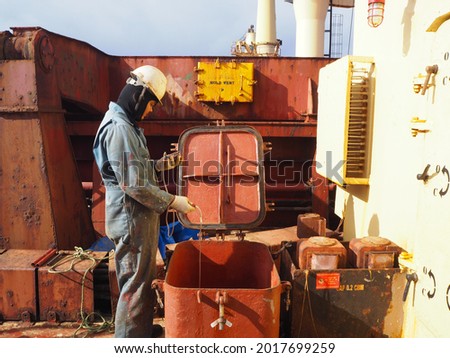 a ship crew is checking the atmosphere in confined or enclosed space by multi-gas meter before entering

 Royalty-Free Stock Photo #2017699259