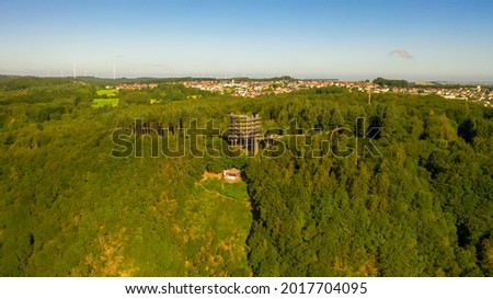 Treetop path Saarschleife excursion destination for the whole family, filmed with drone, from above.  Royalty-Free Stock Photo #2017704095