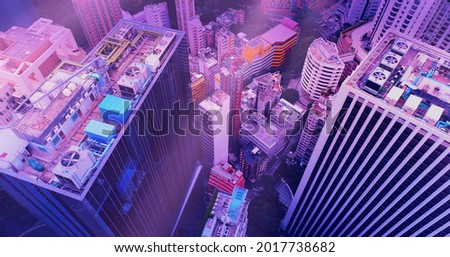 Aerial view of the skyscrapers of the city of Kuala Lumpur in the style of the 80s, neon colors. Wide shot  Royalty-Free Stock Photo #2017738682