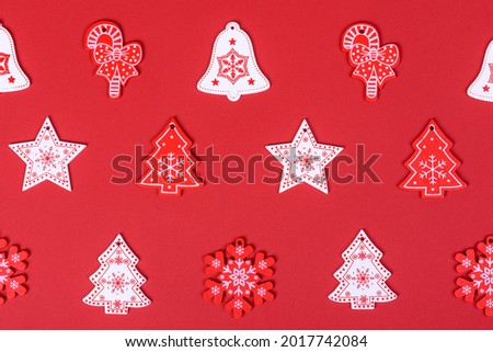 Christmas composition. Red and white decor elements that are used to decorate the Christmas tree. Winter, New Year's concept