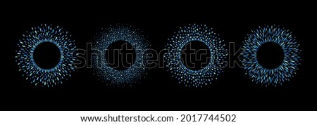 Round dotty, drop frames set, backgrounds collection. Circle, ring shape made of droplets, uneven dots, paint splashes, water blobs, blue beads, icicles. Radial templates for borders, design elements. Royalty-Free Stock Photo #2017744502