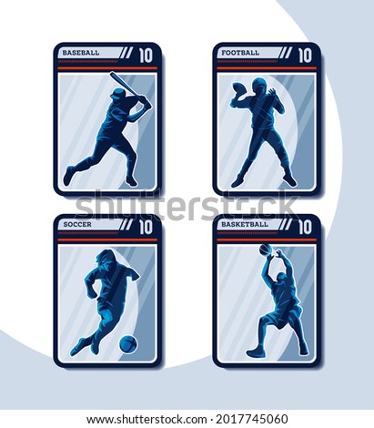 Set of four sport card. Baseball, Football, Soccer, and Basketball player silhouette in frame of playing cards. Perfect for Sticker.