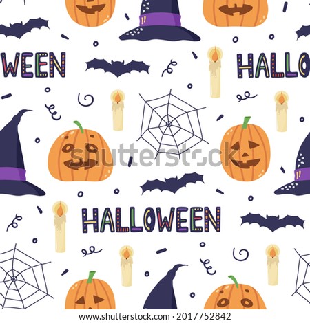 Cute hand drawn halloween pattern. Vector halloween illustrations of cute pumpkins and witches hats. Hand drawn illustration isolated on white.
