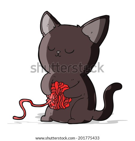 cartoon cute black cat playing with ball of yarn