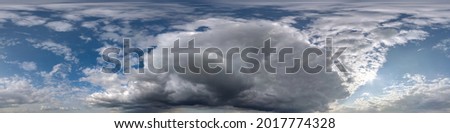 blue sky with white beautiful clouds before storm. Seamless hdri panorama 360 degrees angle view  with zenith for use in 3d graphics or game development as sky dome or edit drone shot