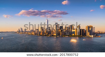 New York City Skyline with Freedom Tower at Sunset, USA